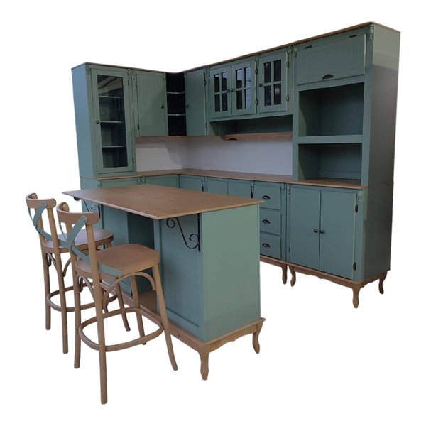 cozinha completa em l meyer com ilha verde kalle