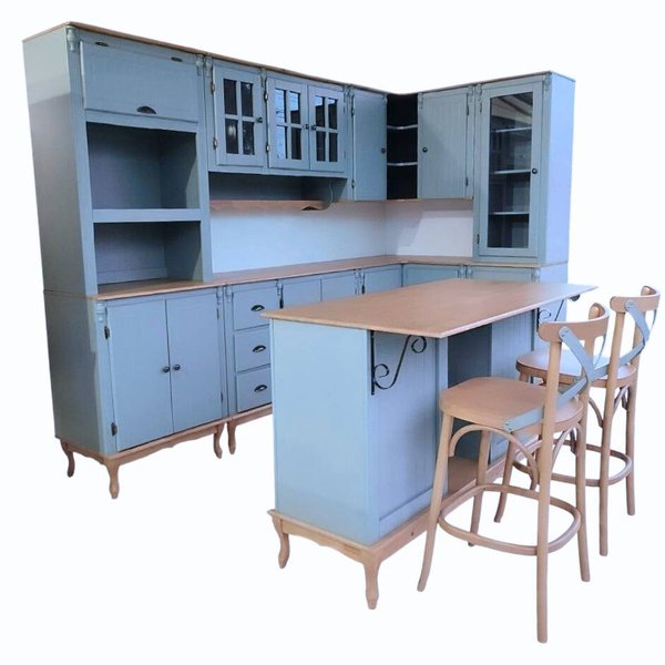 cozinha completa em l meyer com ilha azul claro 1