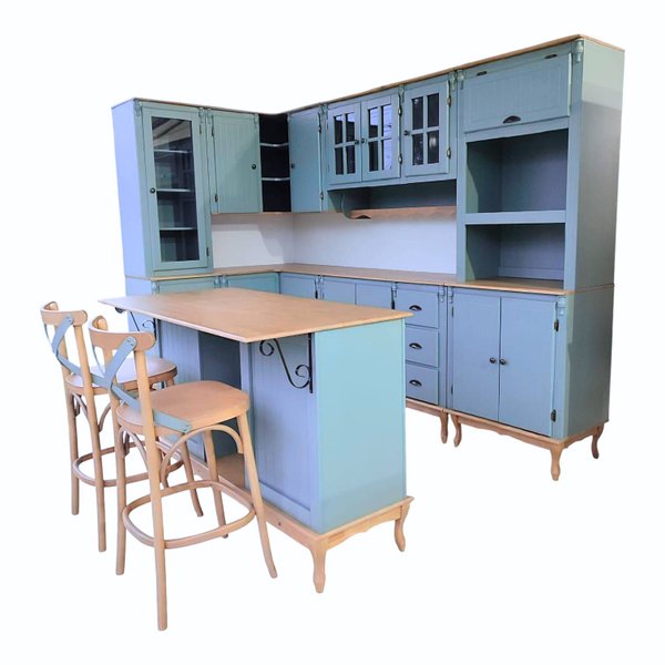 cozinha completa em l meyer com ilha azul claro